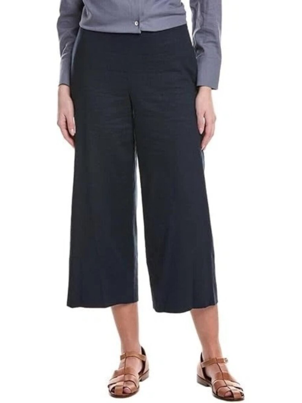 NWOT Vince Wide Leg Crop Flat Front Side Zip Linen Blend Navy Blue Pants Size 14